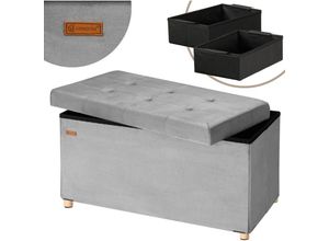 4251779135400 - Sitzbank mit Stauraum Samt inkl Boxen & Füßen Faltbar Sitzbank 300kg Belastbar 76cm Truhe Wohnzimmer Schlafzimmer Flur Truhenbank Bank Grau m