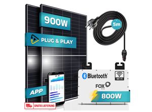 4251807400449 - SUNNIVA® 900W Balkonkraftwerk 800W komplett Steckdose - Fox ESS 800W Wechselrichter - PV Solaranlage Komplettset - 2x 450W (900W) Solarmodule Black Frame - inkl 5m Kabel - Bluetooth WIFI