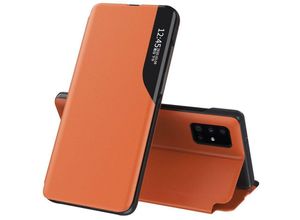 4251810833005 - Markenlos - Eco Leather View Case Buch Tasche Leder Handyhülle Schutzhülle aufklappbare Hülle Standfunktion kompatibel mit Huawei P40 Lite Orange