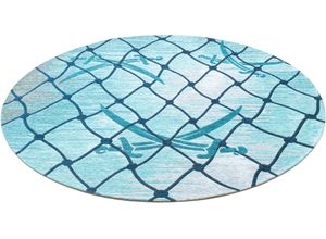 4251924916069 - Teppich SANSIBAR Keitum 005 Teppiche Gr Ø 100 cm 3 mm 1 St blau (turquoise) Esszimmerteppiche Flachgewebe modernes Design Motiv Fischernetz & gekreuzte Säbel