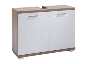 4251942202748 - Byliving - Waschbeckenunterschrank nebraska   Waschtisch Unterschrank stehend in Sonoma Eiche Hochglanz weiß lackiert   2-türig   b 80 h 59 t 315