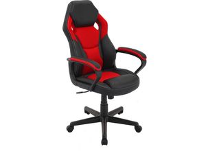 4251942205640 - Byliving - Chefsessel Matteo   Gaming-Chair bis 110 kg belastbar   Kunststoff & Kunstleder schwarz   Armlehnen gepolstert  Applikation Mesh grau-rot