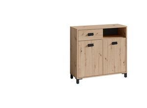 4251942206258 - Badezimmer Kommode wellness in Artisan Eiche Griffe aus Metall in schwarz   Badschrank mit einer Schublade und zwei Türen   b 805 h 775 t 31 cm