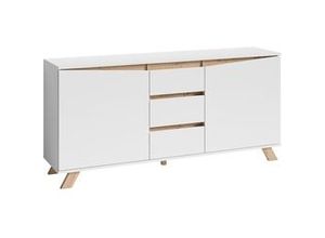 4251942206319 - Sideboard VALENTIN   Kommode matt weiß mit Absetzung in Eiche-Optik   Schrank mit 2 Türen und 3 Schubkästen   Im Scandi-Style   Grifflos   B