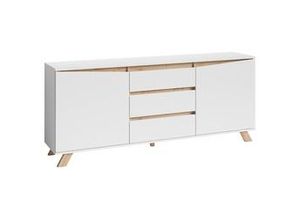 4251942206326 - Byliving - Sideboard valentin   Kommode matt weiß mit Absetzung in Eiche-Optik   Schrank mit 2 Türen und 3 Schubkästen   Im Scandi-Style   Grifflos  