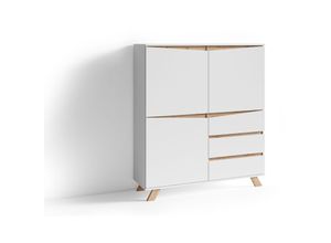 4251942206333 - Byliving - Highboard valentin   Sideboard matt weiß mit Absetzung in Eiche-Optik   Wohnzimmer-Schrank mit 3 Türen und 3 Schubkästen   Im Scandi-Style