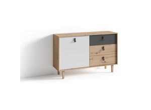 4251942206357 - Byliving - Sideboard bill   Kommode Artisan Eiche Optik hellbraun   Schrank mit 1 Tür und 3 Schubkästen   Fronten in weiß und grau   Schlaufen-Griffe