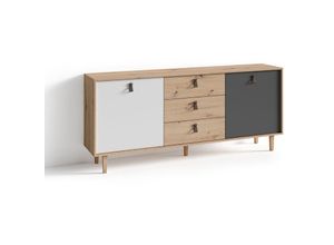 4251942206364 - Byliving - Sideboard bill   Kommode Artisan Eiche Optik hellbraun   Schrank mit 1 Tür und 3 Schubkästen   Fronten in weiß und grau   Schlaufen-Griffe