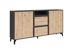 4251942240030 - Sideboard blackwood   Anthrazit mit Absetzung in Artisan Eiche   Kommode mit 2 Türen 2 Schubkästen und 1 Fach   b 180 h 92 t 38 cm - Byliving