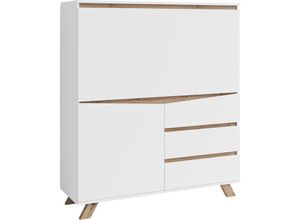 4251942246070 - Byliving - Sekretär valentin   Sekretär matt weiß mit Absetzung in Eiche-Optik   Office-Schrank mit 1 Tür und 3 Schubkästen   Scandi-Style   Grifflos