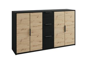 4251942253153 - Sideboard RIMINI   Melamin Eiche schwarz und Artisan Eiche   4 Türen   B 139 H 80 T 39 cm