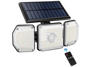 4251966216271 - Solarlampen für Außen mit Bewegungsmelder 122 led Solar Strahler Warmweiß Weiß Solarleuchte 3 Modi mit Fernbedienung Solar Außenleuchte Wandleuchte