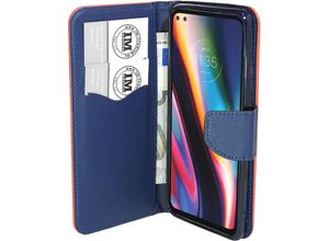 4252021316134 - Buch Tasche Fancy kompatibel mit MOTOROLA MOTO G 5G Handy Hülle Etui Brieftasche Schutzhülle mit Standfunktion Kartenfach Rot-Blau - Schwarz