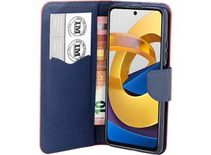 4252021316356 - Buch Tasche Fancy kompatibel mit XIAOMI POCO M4 PRO 5G Handy Hülle Etui Brieftasche Schutzhülle mit Standfunktion Kartenfach Rot-Blau - Schwarz