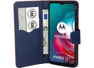 4252021316585 - Buch Tasche Fancy kompatibel mit MOTOROLA MOTO G10 Handy Hülle Etui Brieftasche Schutzhülle mit Standfunktion Kartenfach Rot-Blau - Schwarz