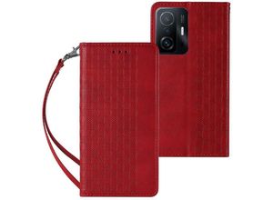 4252021341013 - Magnetband Hülle Tasche Beutel-Geldbörse + Mini Lanyard Anhänger kompatibel mit Xiaomi Redmi Note 11s Rot - Schwarz