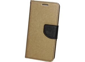 4252021346810 - Buch Tasche Fancy kompatibel mit iPhone 14 Handy Hülle Etui Brieftasche Schutzhülle mit Standfunktion Kartenfach Gold-Schwarz - Schwarz