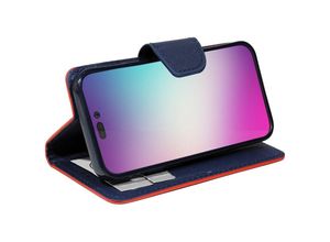 4252021358400 - Buch Tasche Fancy kompatibel mit iPhone 14 Pro Max Handy Hülle Schutzhülle mit Standfunktion Kartenfach Rot-Blau - Schwarz