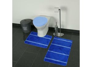 4252021374134 - Almina - 3-Teilig Bad Garnitur Badematte Badvorleger Wasser absobierend Kleine Streifenmuster rutschfest Blau
