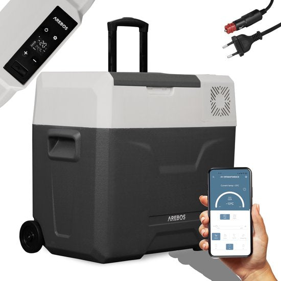 4252023117784 - AREBOS Kompressor-Kühlbox - Kühlbox Electric 12V 230 Volt - Kühlbox Auto - 47L - Temperaturregelung über APP oder LCD-Touchscreen - mit Rollen