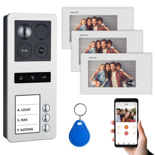 4255573301603 - BALTER ERA Silber IP Aufputz RFID Video Türsprechanlagen Set 3 Familienhaus Silber 3x 7 Monitor WiFi