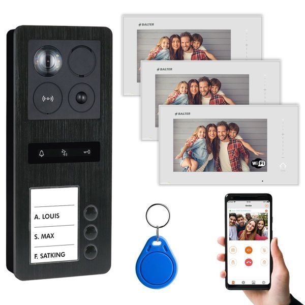 4255573301641 - BALTER ERA Schwarz IP Aufputz RFID Video Türsprechanlagen Set 3 Familienhaus Schwarz 3x 7 Monitor Wi