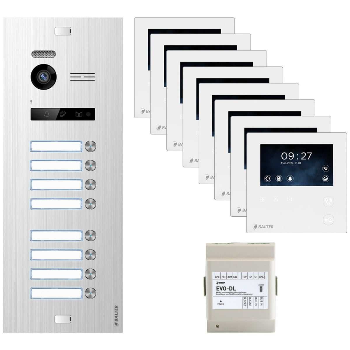 4255573309548 - BALTER EVO Video Türsprechanlage 43 LCD Mini Monitor Silber Weiß 8 Familienhaus Set BUS-DL