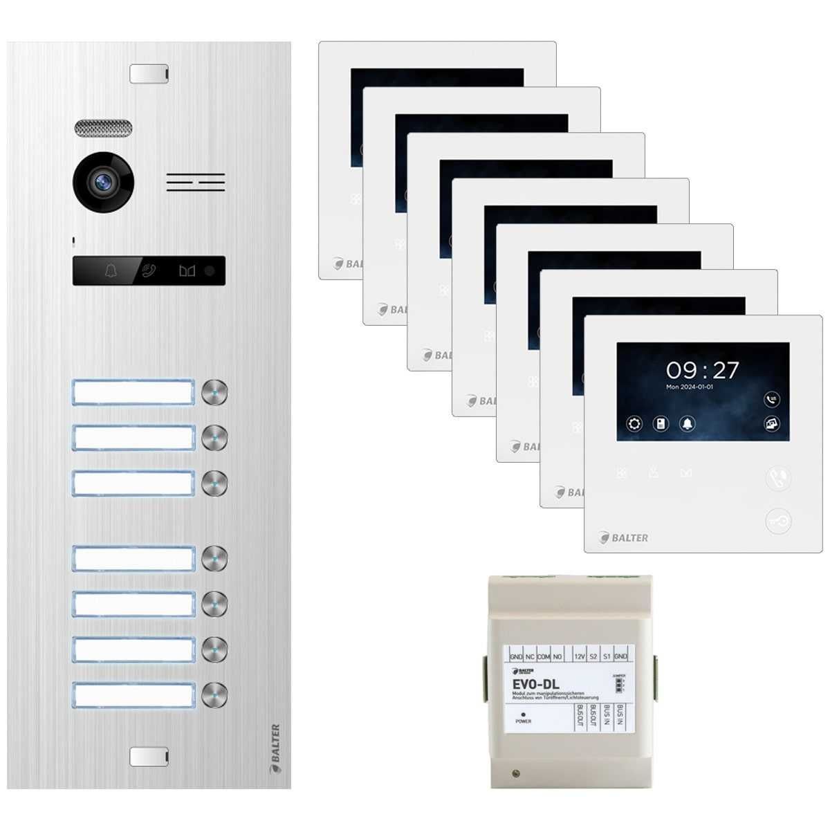 4255573309647 - BALTER EVO Video Türsprechanlage 43 LCD Mini Monitor Silber Weiß 7 Familienhaus Set BUS-DL