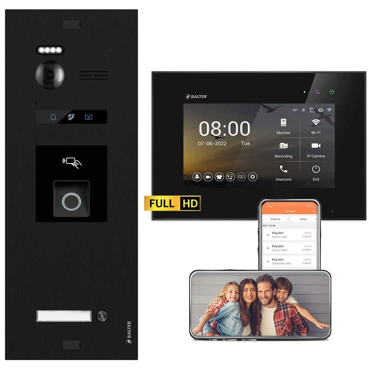 4255573309883 - BALTER EVO HD Video Türsprechanlage mit Fingerprint Schwarz Schwarz 1 Familienhaus Set 1x 7 LCD Moni