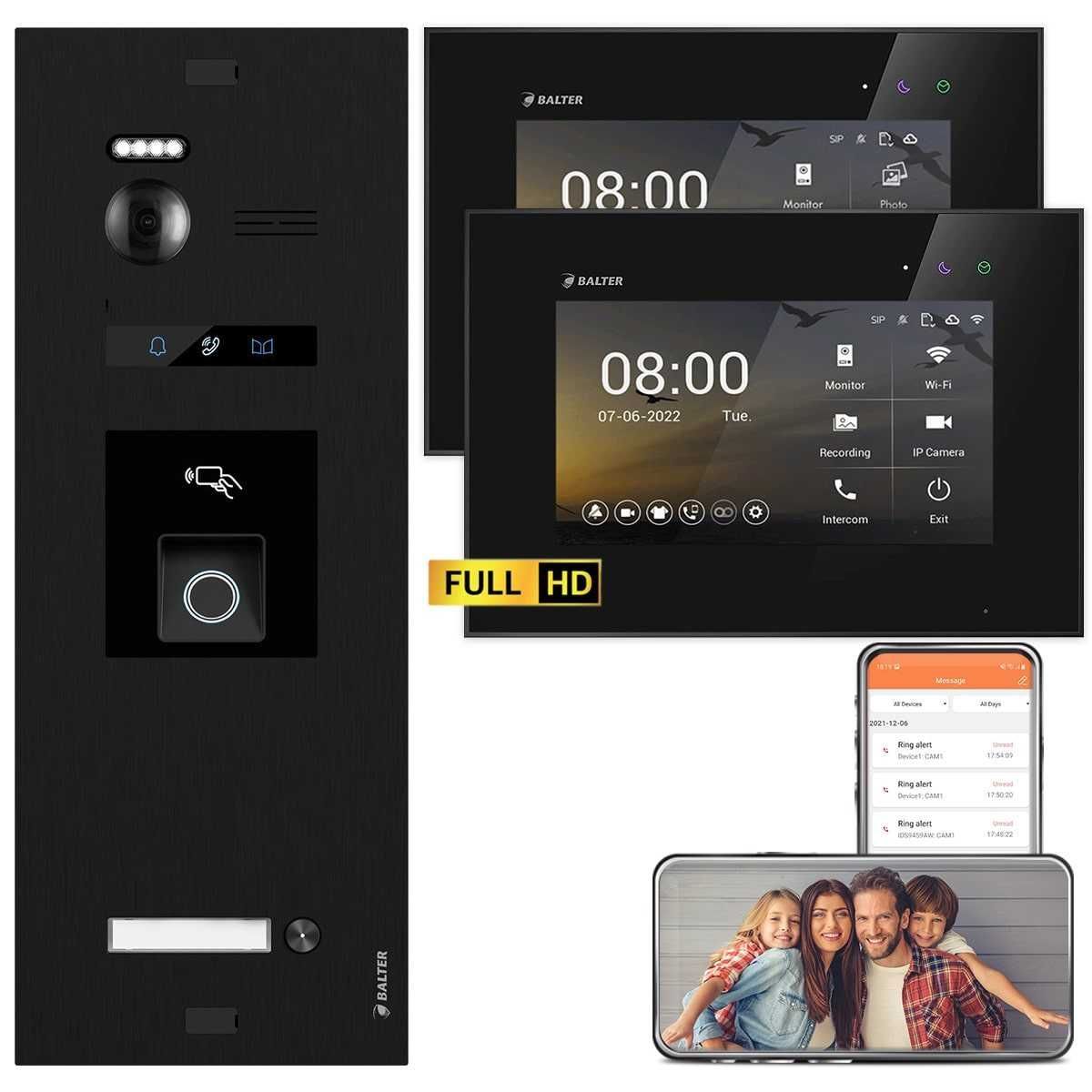 4255573309890 - BALTER EVO HD Video Türsprechanlage mit Fingerprint Schwarz Schwarz 1 Familienhaus Set 1x 7 LCD Moni