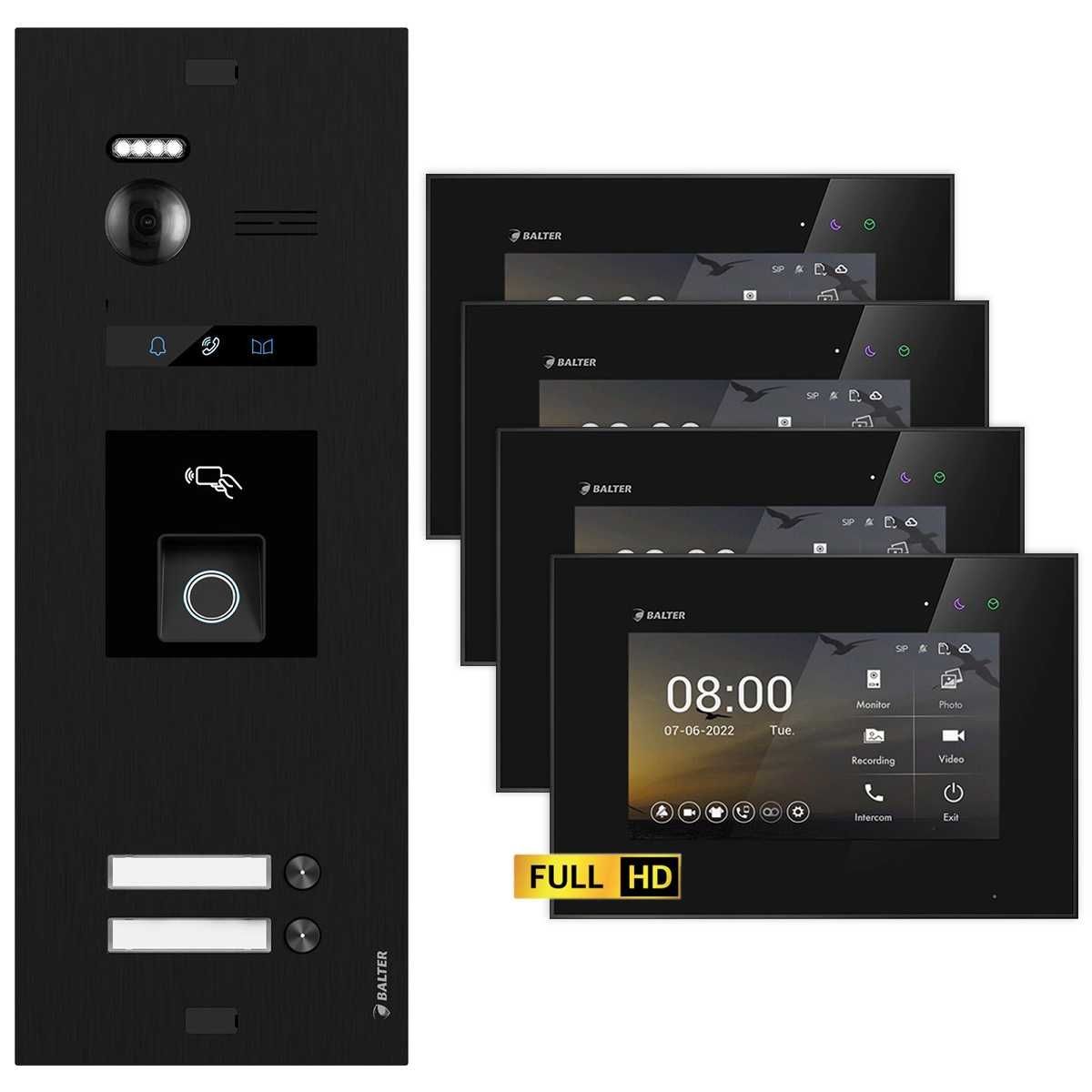 4255573309913 - BALTER EVO HD Video Türsprechanlage mit Fingerprint Schwarz Schwarz 2 Familienhaus Set 4x 7 LCD Moni