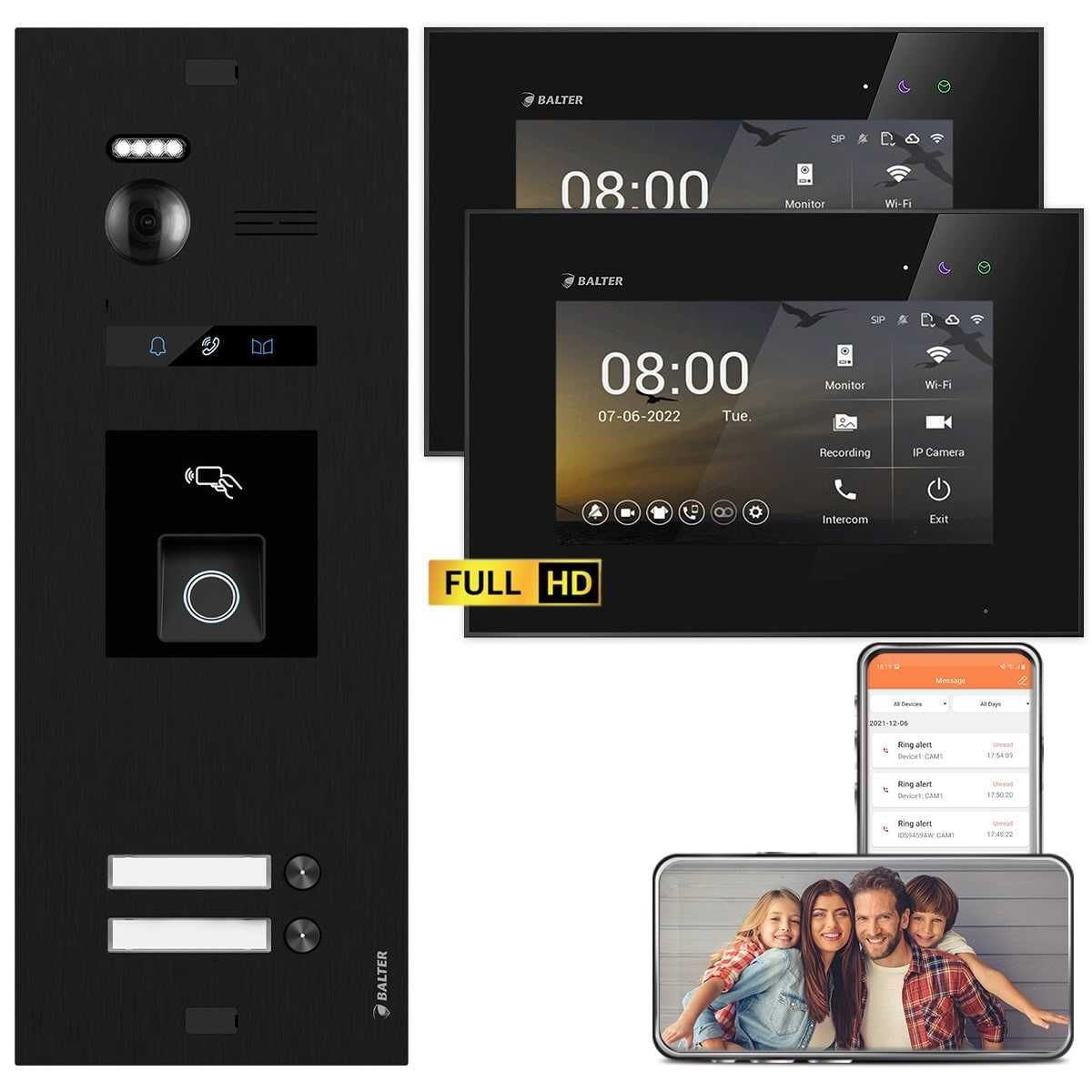 4255573309920 - BALTER EVO HD Video Türsprechanlage mit Fingerprint Schwarz Schwarz 2 Familienhaus Set 2x 7 LCD Moni