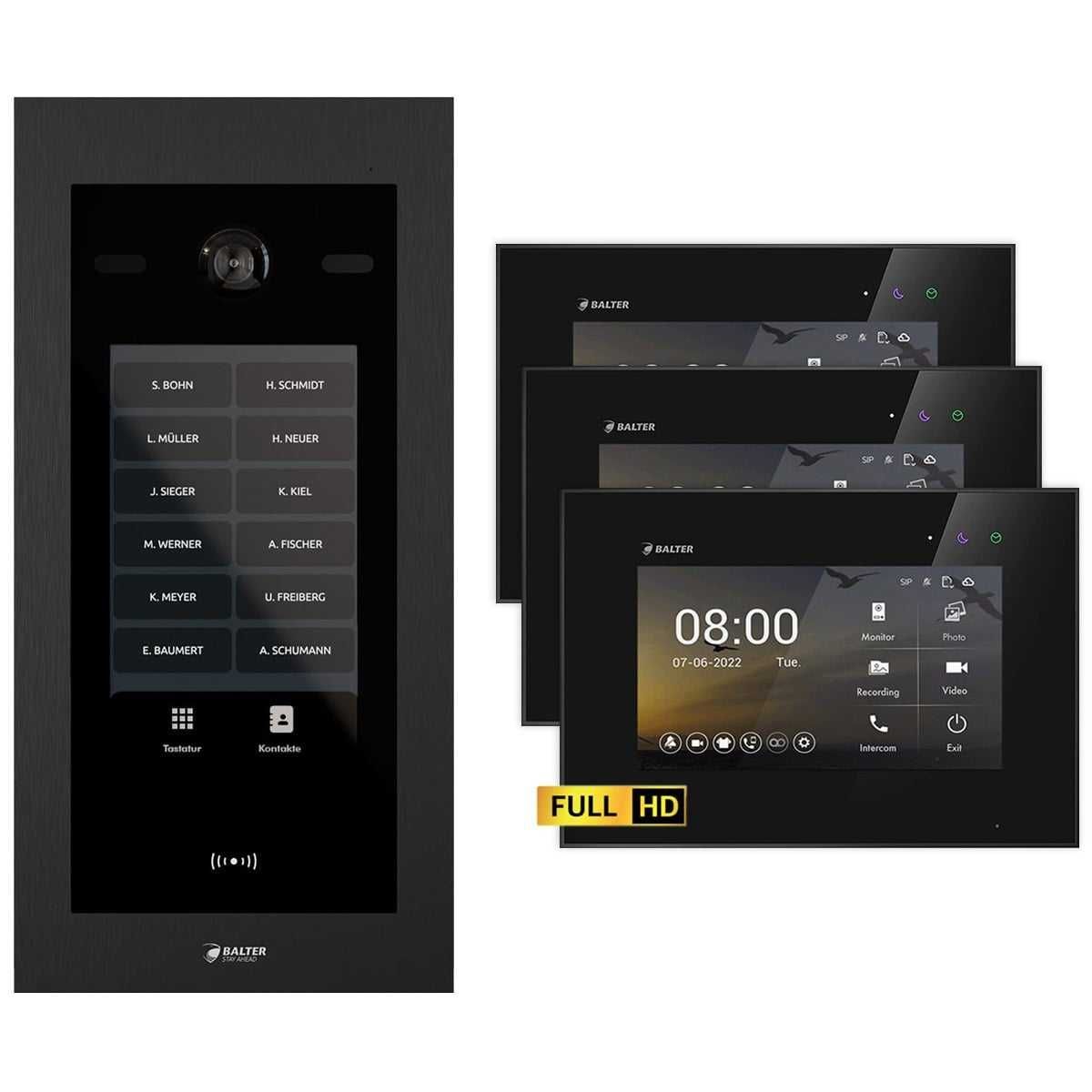 4255573310476 - BALTER EVO HD Touch 7 Video Türsprechanlage Schwarz Schwarz für bis zu 1000 Familienhaus Set 3x 7 LC