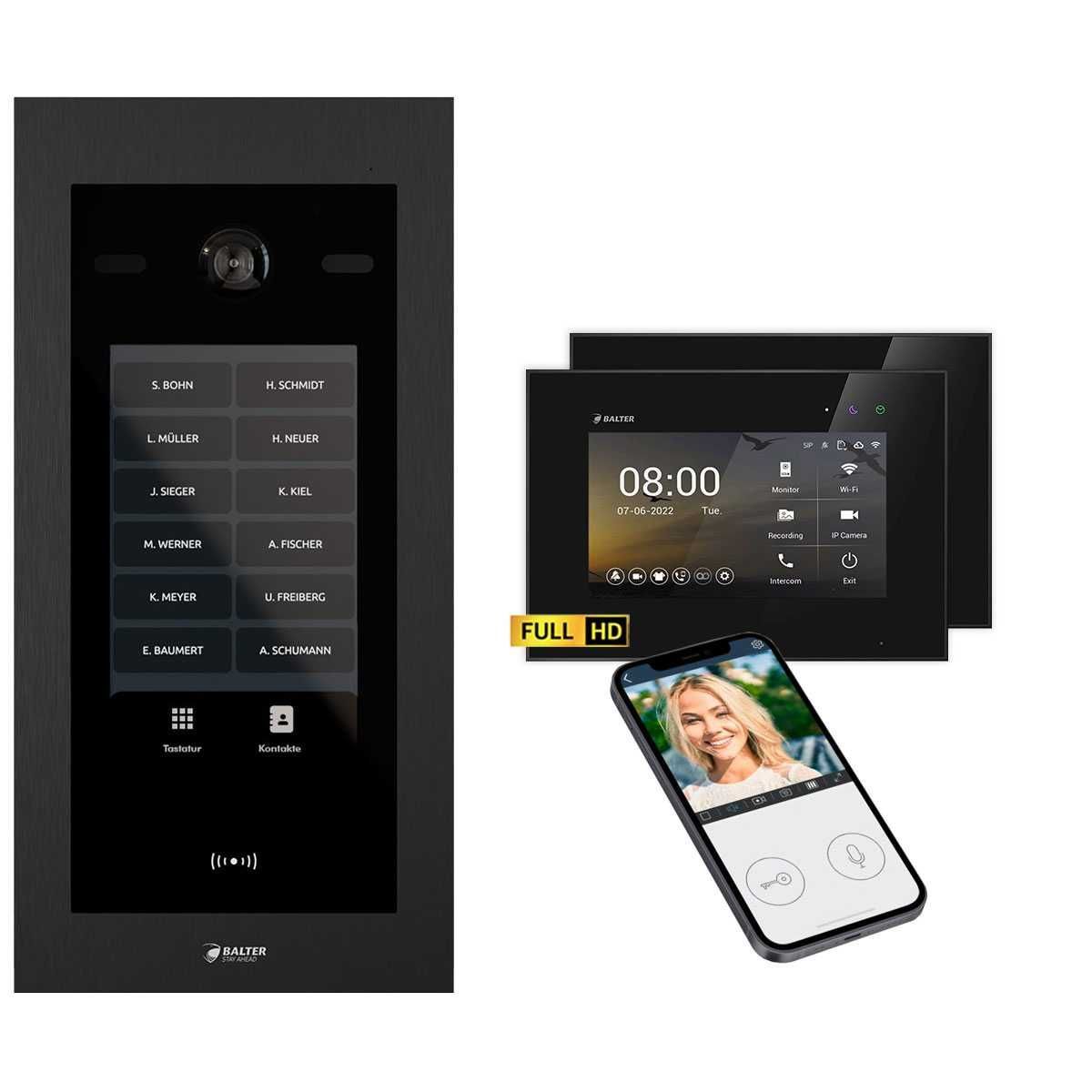 4255573310506 - Balter EVO HD Touch Video Türsprechanlage Ein- &  Mehrfamilienhaus Schwarz 2x 7 Monitor WiFi Schwarz