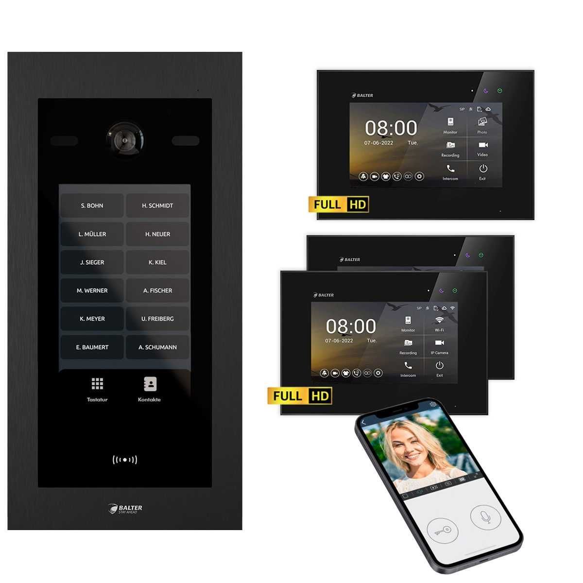 4255573310544 - Balter EVO HD Touch Video Türsprechanlage Ein- &  Mehrfamilienhaus Schwarz 2x 7 Monitor WiFi + 1x 7 M