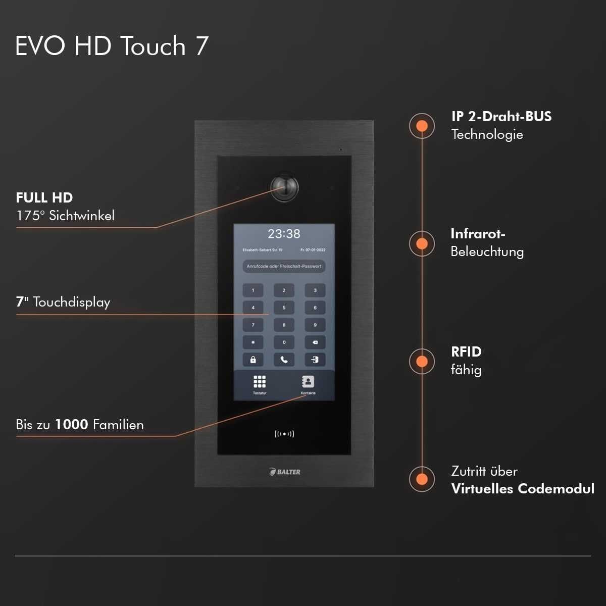 4255573310568 - Balter EVO HD Touch Video Türsprechanlage Ein- &  Mehrfamilienhaus Schwarz 4x 7 Monitor WiFi + 1x 7 M