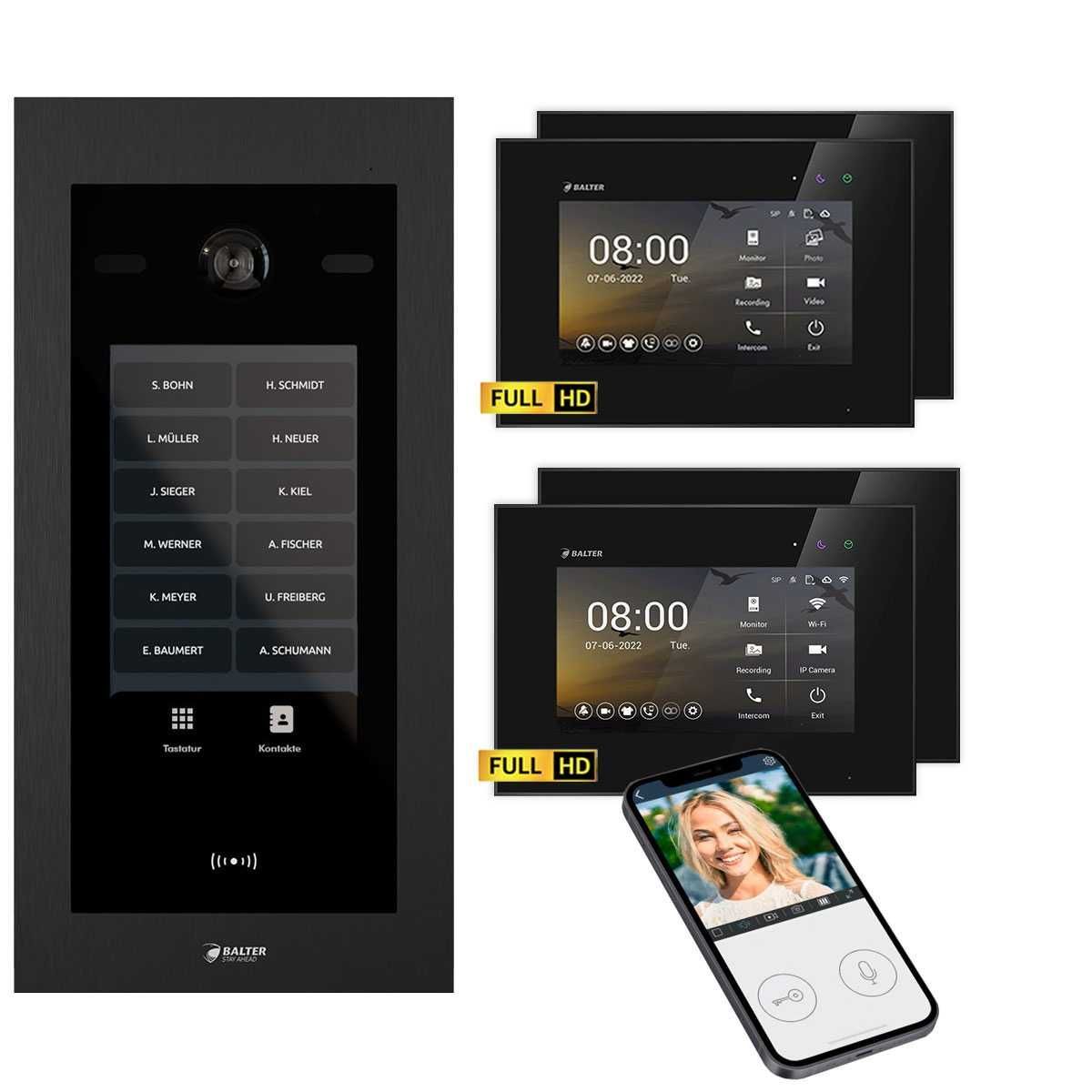 4255573310582 - Balter EVO HD Touch Video Türsprechanlage Ein- &  Mehrfamilienhaus Schwarz 2x 7 Monitor WiFi + 2x 7 M