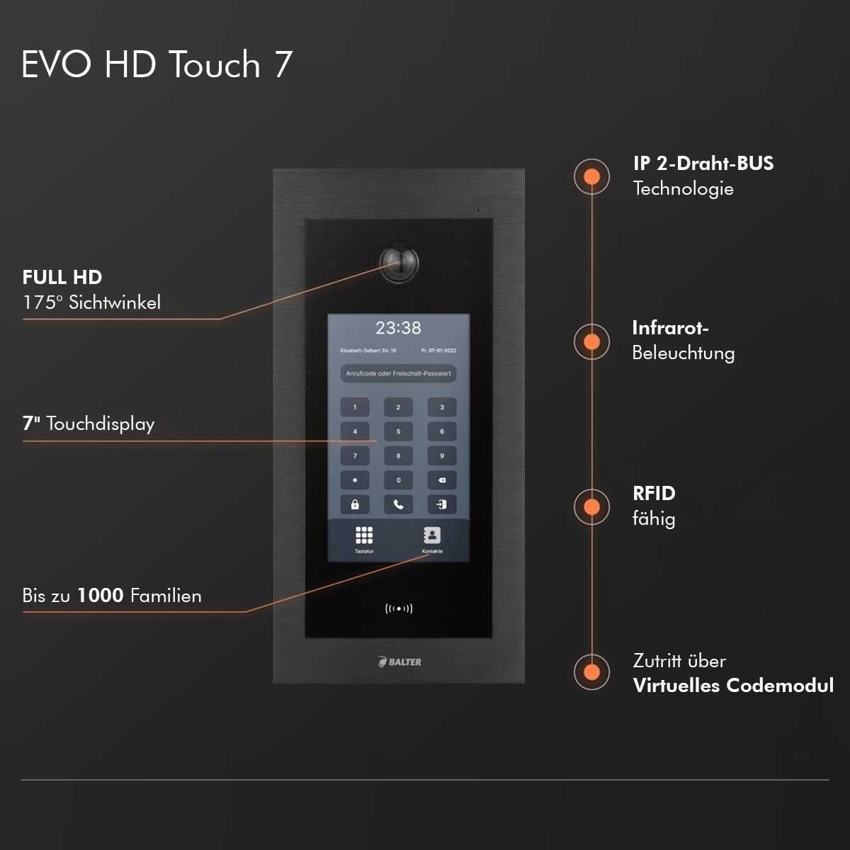 4255573310612 - Balter EVO HD Touch Video Türsprechanlage Ein- &  Mehrfamilienhaus Schwarz 1x 7 Monitor WiFi + 3x 7 M