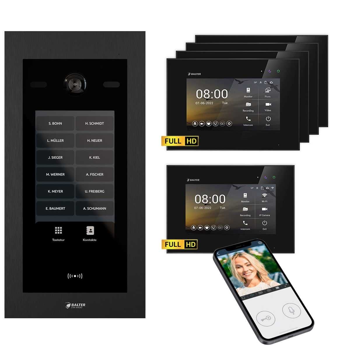 4255573310650 - Balter EVO HD Touch Video Türsprechanlage Ein- &  Mehrfamilienhaus Schwarz 1x 7 Monitor WiFi + 4x 7 M