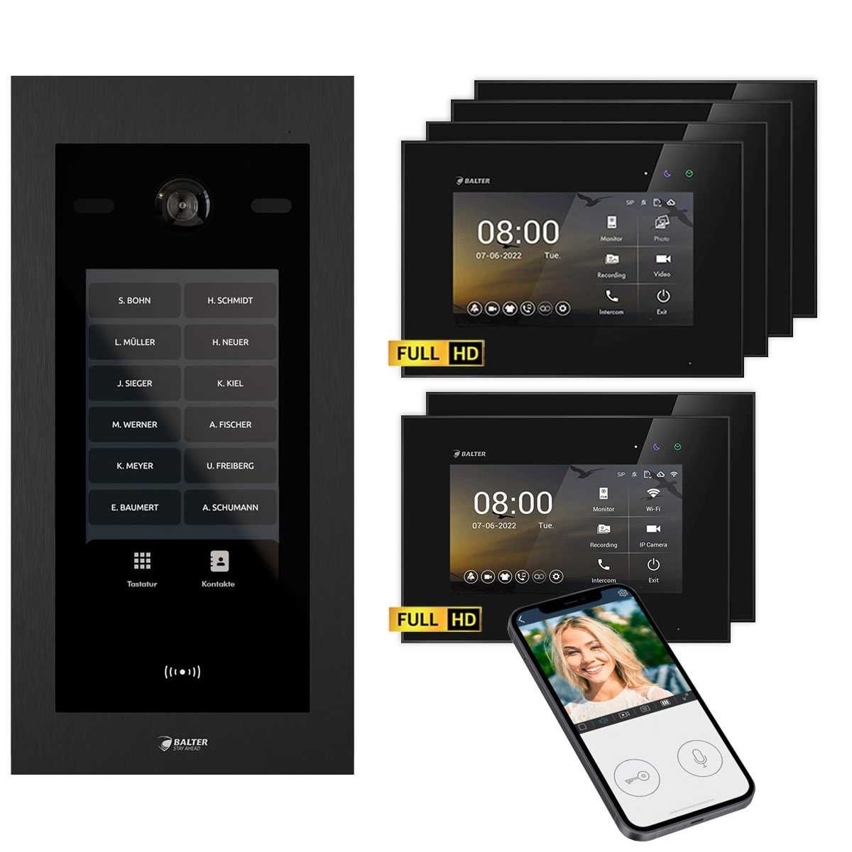 4255573310667 - Balter EVO HD Touch Video Türsprechanlage Ein- &  Mehrfamilienhaus Schwarz 2x 7 Monitor WiFi + 4x 7 M