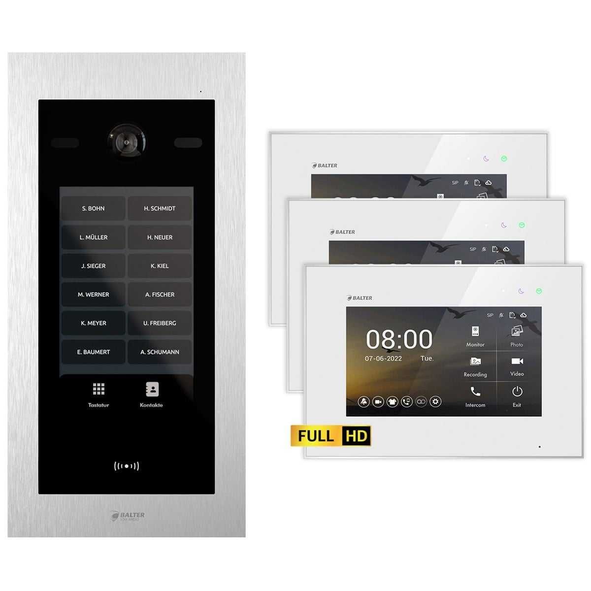 4255573310711 - BALTER EVO HD Touch 7 Video Türsprechanlage Silber Weiß für bis zu 1000 Familienhaus Set 3x 7 LCD Mo