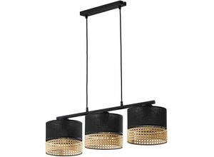 4255596652805 - Licht-erlebnisse - Pendelleuchte Schwarz Braun b 70 cm höhenverstellbar 3-flammig E27 Stoff Rattan Boho Hängelampe Esstisch - Schwarz Braun