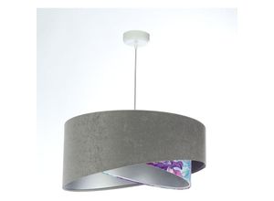 4255596668561 - Hängeleuchte Stoff E27 D 50 cm H max 102 cm in Weiß Grau Lila (Blumen Print) Silber rund 4255596668561 - Hängeleuchte Stoff E27 D 50 cm H max 102 cm in Weiß Grau Lila (Blumen Print) Silber rund