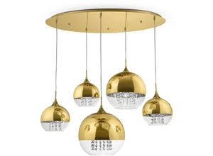 4255596718600 - Hängeleuchte Glas Metall E27 H max 95 cm Kristall in Gold 5-flammig rund Kugel Schirm Modern