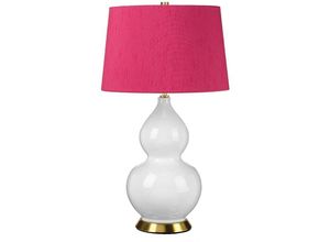 4255596732842 - Tischlampe Keramik Stoff E27 64 cm hoch in Weiß Pink Messing Antik rund Retro Design