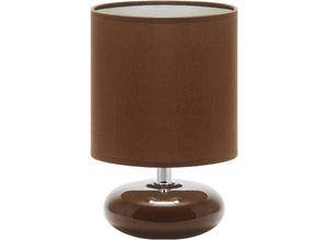 4255596741301 - Licht-erlebnisse - Nachttischlampe Keramik Stoff 20 cm Braun E14 rund Retro Design Keramiklampe