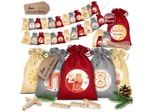 4255598302593 - KESSER® Adventskalender zum Befüllen 24 Jutebeutel Gedruckte Stoffbeutel Kinder Weihnachtskalender zum Selber Befüllen Inkl 24x Schildchen + 1 Großer Aufbewahrungsbeutel Stoff