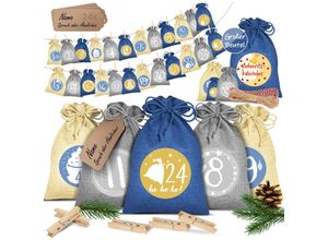 4255598302609 - KESSER® Adventskalender zum Befüllen 24 Jutebeutel Gedruckte Stoffbeutel Kinder Weihnachtskalender zum Selber Befüllen Inkl 24x Schildchen + 1 Großer Aufbewahrungsbeutel Stoff