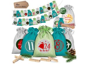 4255598302630 - KESSER® Adventskalender zum Befüllen 24 Jutebeutel Gedruckte Stoffbeutel Kinder Weihnachtskalender zum Selber Befüllen Inkl 24x Schildchen + 1 Großer Aufbewahrungsbeutel Stoff