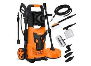 4255598310093 - MASKO® Hochdruckreiniger 2200 Watt 165 bar 450 l h mit Spule Schlauchtrommel 10m Schlauch 9 TLG Zubehör Set mit Handschuhen Seifenflasche Schaumdüse Hochdruckpistole für Autos Zäune Garten Patios